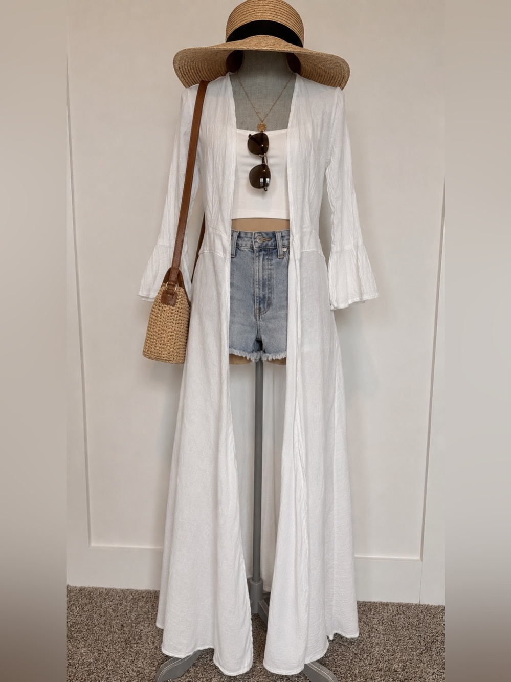 Cotton Natural White Bell Sleeve Tie Front Duster | Boho Beach Cover Up